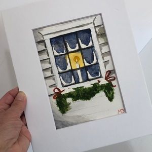 Christmas Winter Scene Watercolor Artwork-Burning Candle In Window With Snow